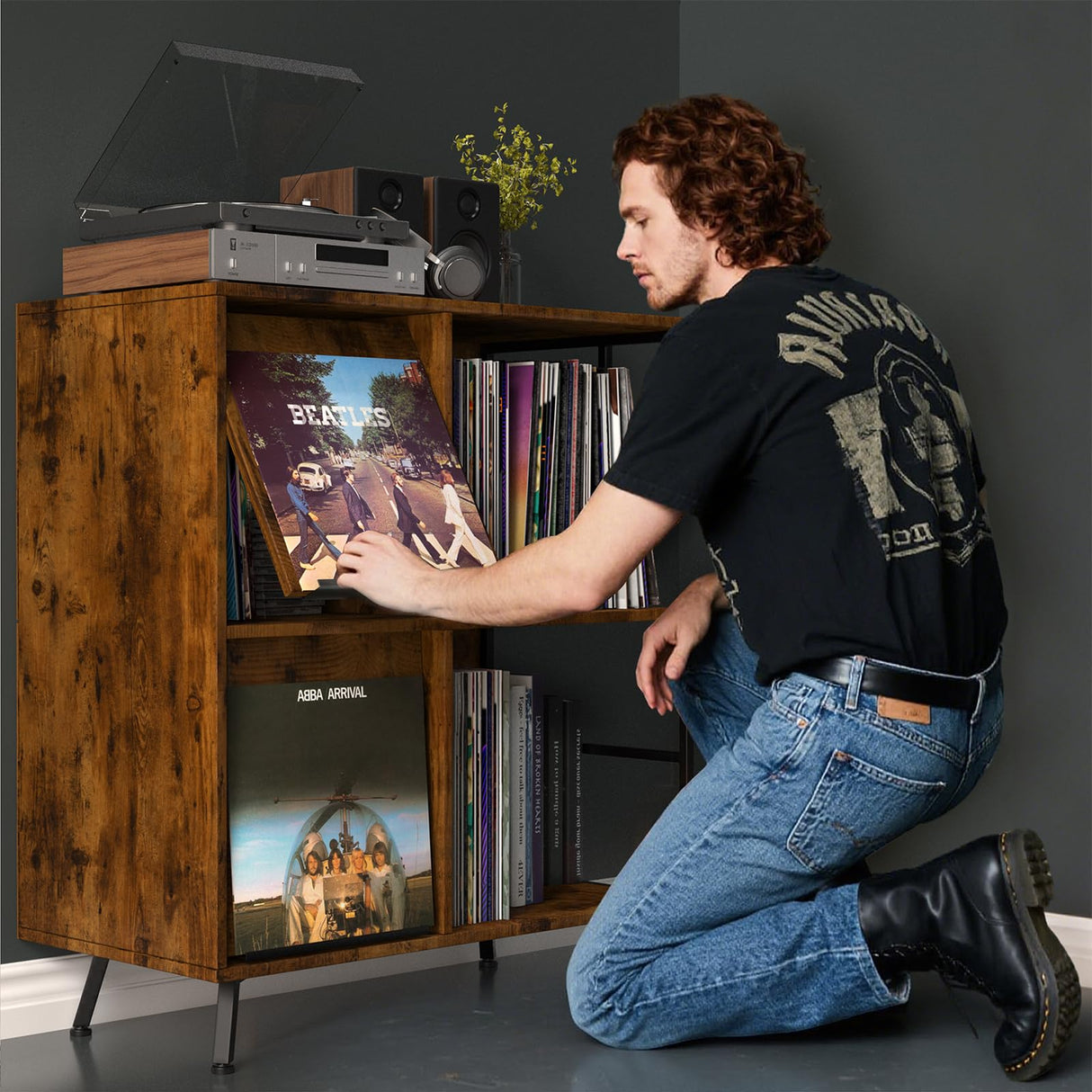 3 Tier Record Player Stand, Flip Top Record Player Cabinet, Mid Century Record Player Table with Shelves Holds up to 300+ Albums, Vinyl Record Storage with 4 U-Dividers for Living Room Bedroom, Brown Faesun