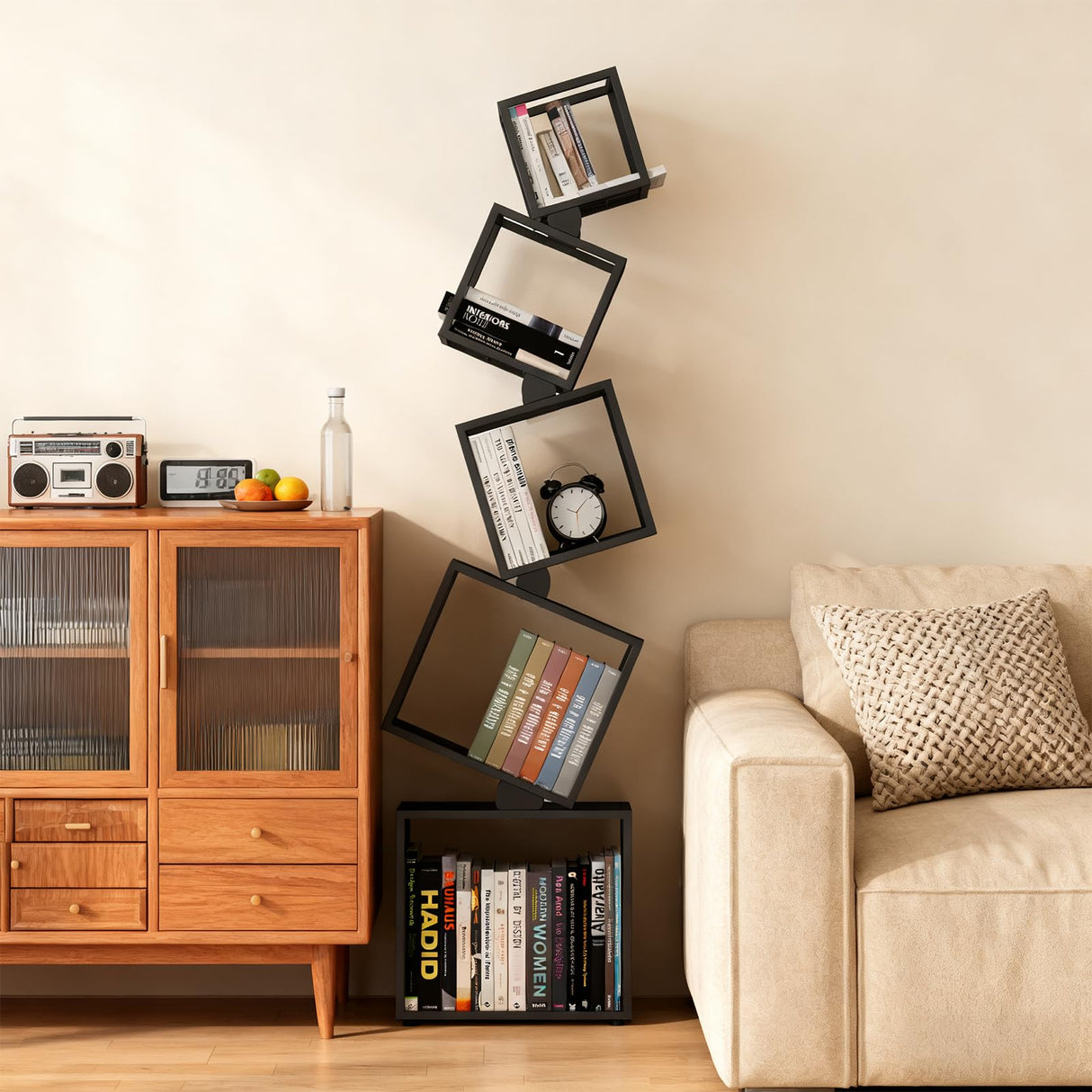 sugitek 5-Tier Skinny Bookshelf with Unique Geometric Design - Modern Metal Bookcase, Space-Saving Narrow Organizer for Living Room, Bedroom, Office, Corner - Black sugitek