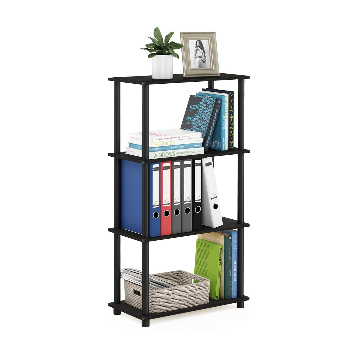 Furinno (99557EX/BK) Turn-N-Tube 4-Tier Multipurpose Shelf Display Rack - Espresso/Black Furinno