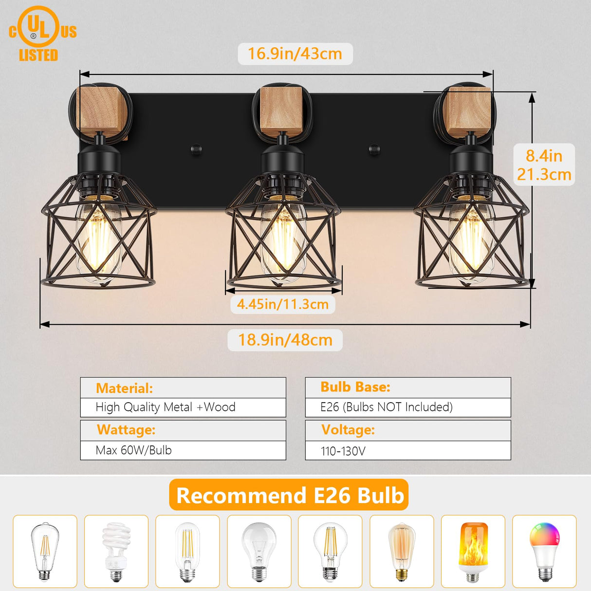 FadimiKoo 3-Light Farmhouse Vanity Light for Bathroom, Wood Bathroom Light Fixtures Over Mirror, Industrial Black Vanity Light with Metal Lampshade for Bedroom Hallway Living Room FadimiKoo