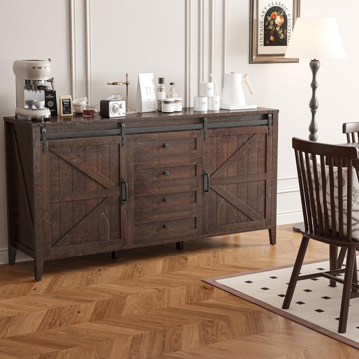 GlouMod Farmhouse 60" Dresser for Bedroom, Long Dresser with Sliding Barn Door, Wide Wood Chest of Drawers, 4 Drawers Dresser Tall TV Stand Buffet Cabinet, Redwood Rustic GlouMod