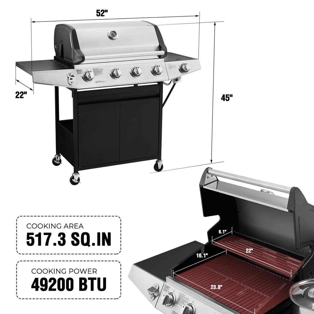 Lyromix Large Propane Grill with 4-Burners and Side Burner, Outdoor Gas BBQ Grill with Porcelain-Enameled Cast Iron Grates, 517 SQ.in. Cooking Area, 49200 BTU Lyromix