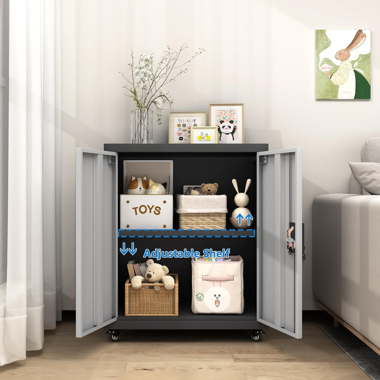 GREATMEET Metal Storage Cabinet with Locking Doors,Steel Storage Cabinet with Wheels Suit for Home Office with 1 Adjustable Shelf for Files, Black&Grey GREATMEET