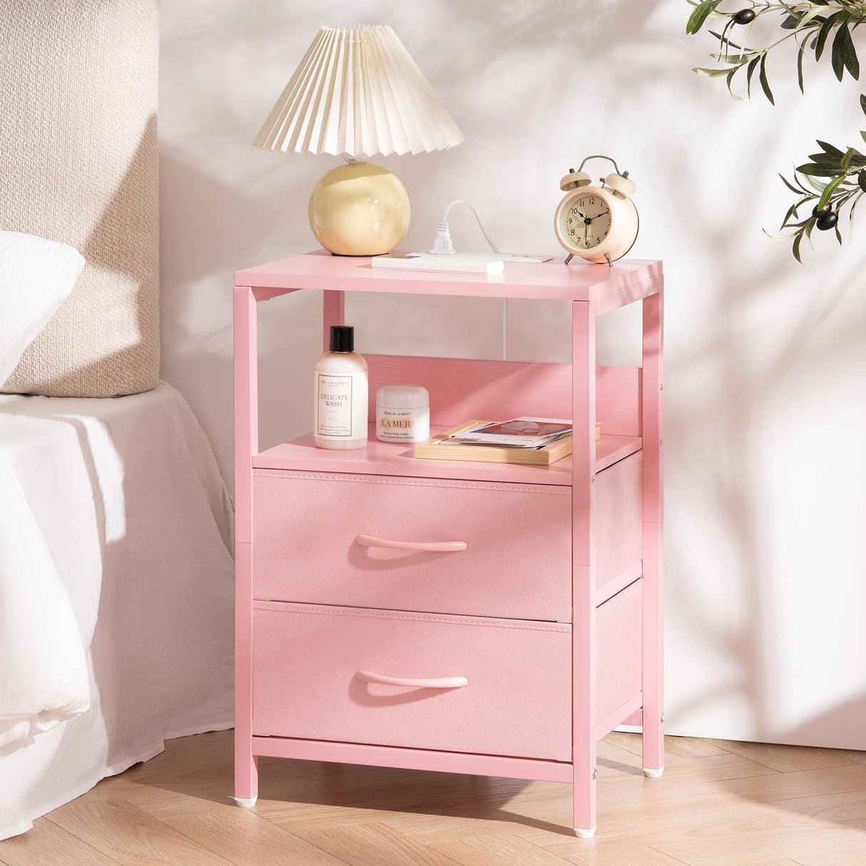 Yoobure Nightstand with Charging Station, LED Night Stand with Fabric Drawers and Storage Shelf for Bedroom, Nightstands Bedside Tables with USB Ports & Outlets, Small Night Stands, Bed Side Table Yoobure