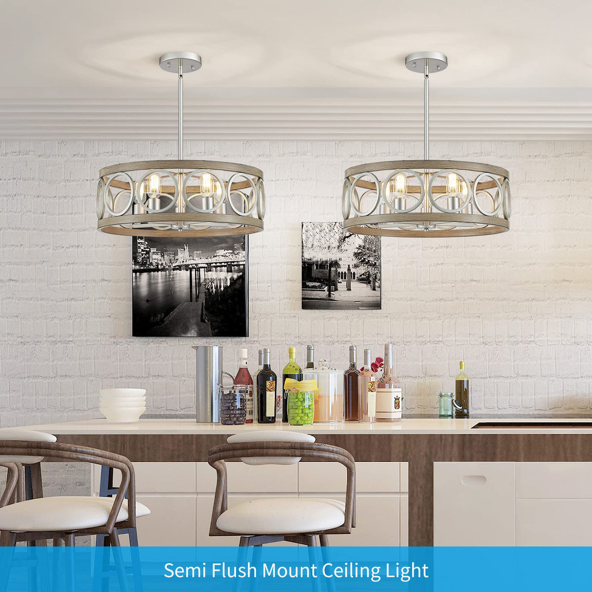 XINGQI 21.7'' Modern Farmhouse Chandelier, Drum Ceiling Light Fixture for Living Dining Room Over Table, 5 Lights Antique Wood Grain Brushed Nickel with Round Metal XINGQI