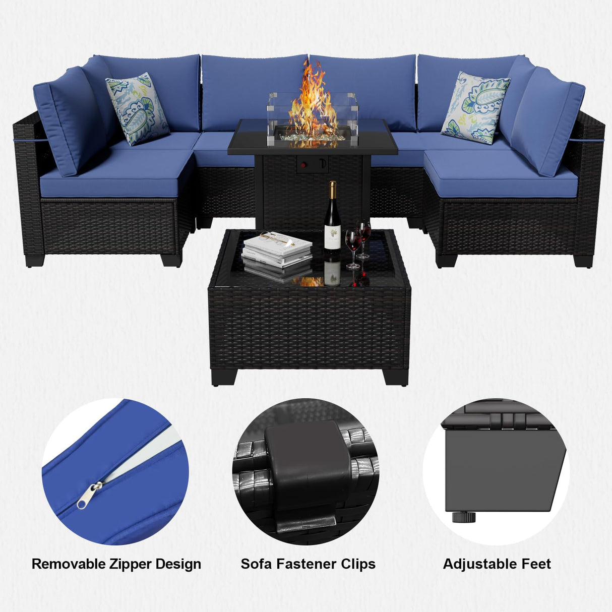 Ophelian 8 Piece Patio Furniture Set with Fire Pit Table, Wicker Outdoor Sectional Furniture, Outside Rattan Patio Couch Sets for Backyard, Garden, Deck (Brown/Blue) Ophelian