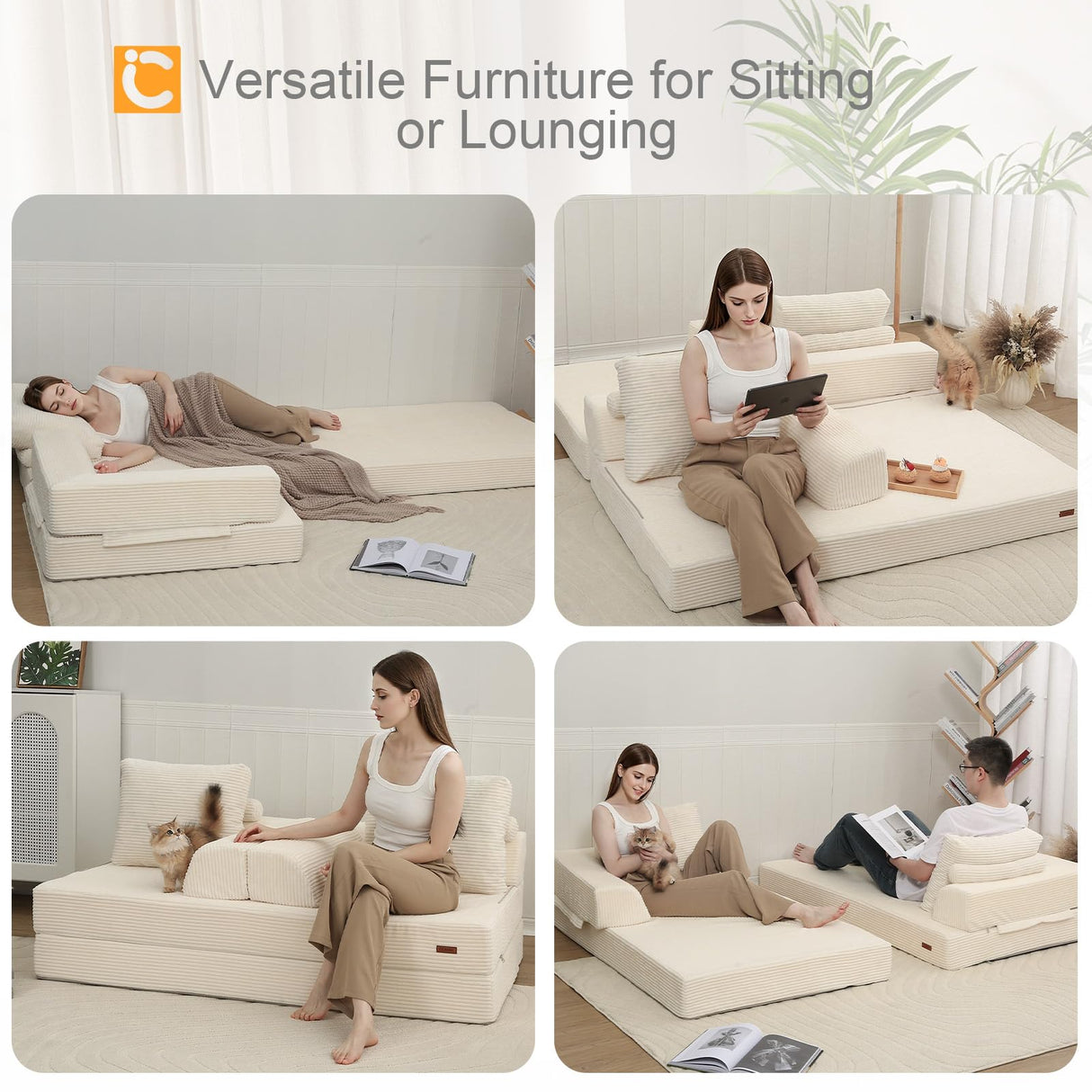 COMAX Convertible Sofa Bed, Folding Floor Couch Corduroy Fold Out Couch Bed Futon Sleeper Mattress with Pillows, Boneless Sofa Comfy Lounge Loveseat for Living Room Bedroom, Beige COMAX