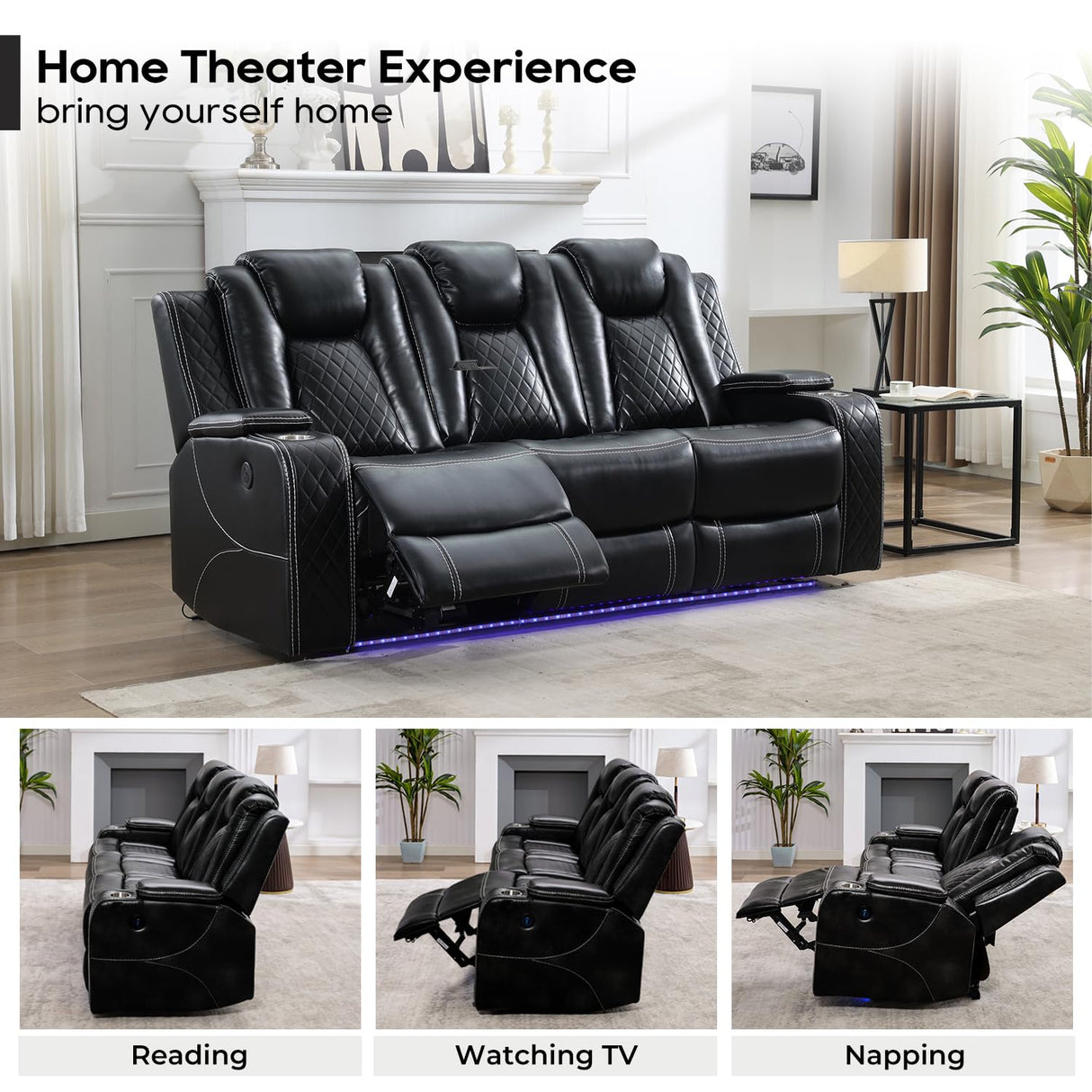Power Reclining Sofa Couch with Wireless Charger, 3 Seaters with Recliner with Reading Light, Leather Electric 3 Seat Sofa Sectional Set for Living Room, Home Theater Seating with LED Lights, Black Comfort Stretch