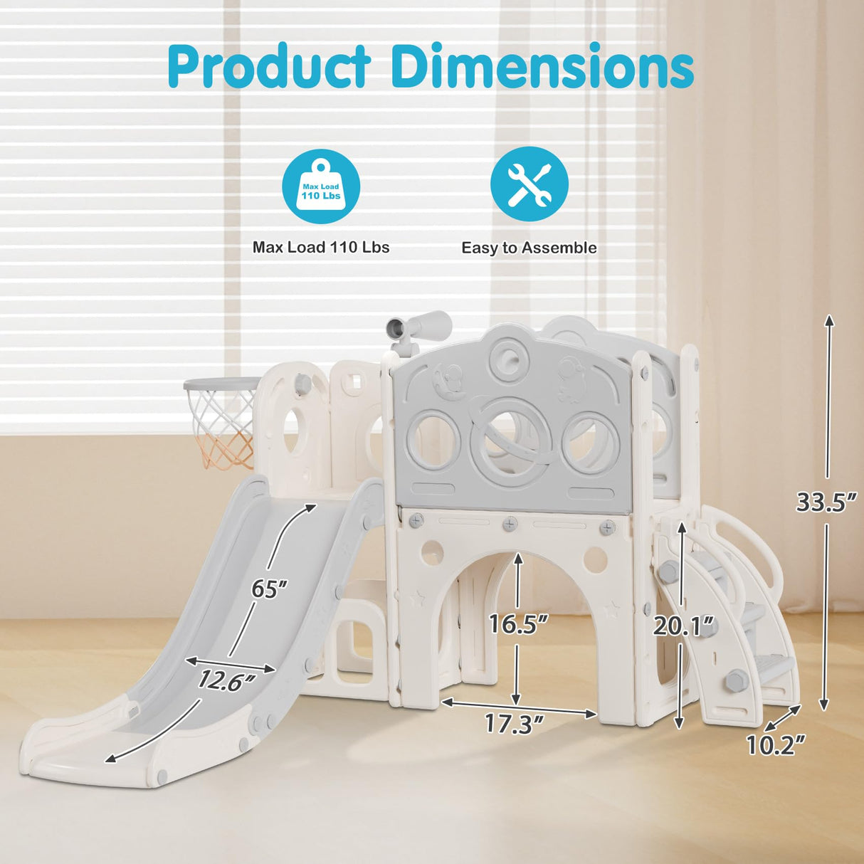 Babytronic Toddler Slide, 8 in 1 Kids Slide with Basketball Hoop, Telescope and Climber, Baby Slide Toddler Playground, Indoor Outdoor Playset for Toddlers Age 1-3, Kids Indoor Playground (White&Gray) Babytronic