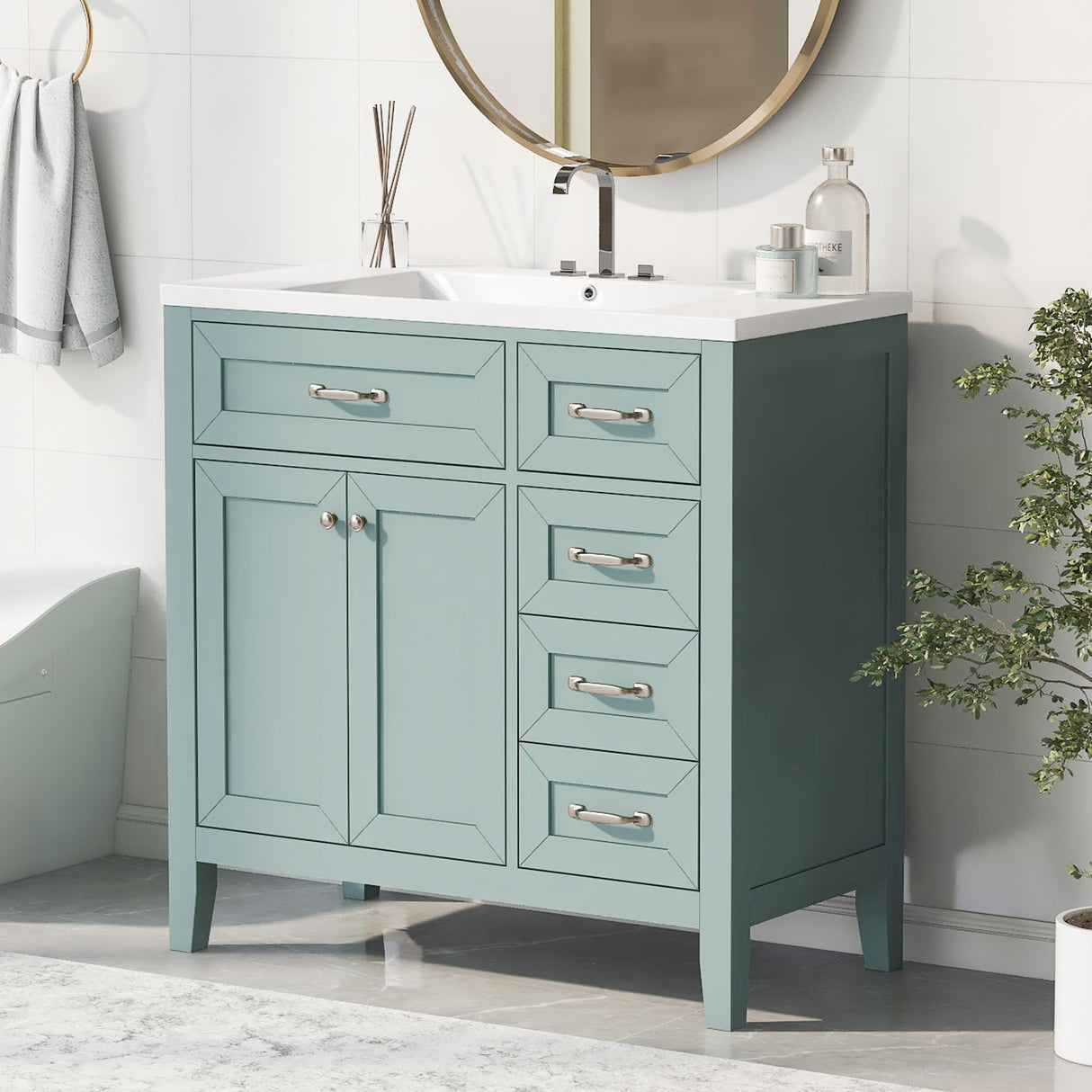 Harper & Bright Designs 36" Bathroom Vanity with Sink, Free Standing Single Basin Vanity Set with 2 Doors Cabinet and 3 Drawers, Wooden Bathroom Cabinet with Ceramic Basin for Bathroom, Green Harper & Bright Designs