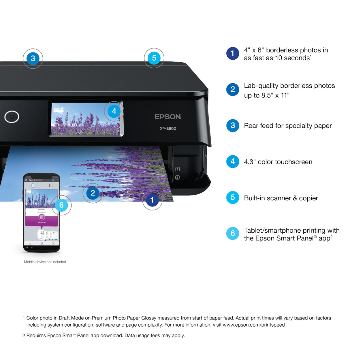 Epson Expression Photo XP-8800 Wireless Printer with 6-Color Claria Ink System, Borderless Printing up to 8.5" x 11", Fast 4" x 6" Photo Printing, 4.3" Color Touchscreen, Built-in Scanner and Copier Epson