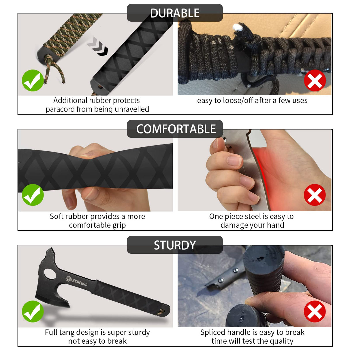 NedFoss Throwing Axes and Tomahawks, 10.2'' Full Tang Throwing Hatchet with Sheath, Rubber & Paracord Handle, Perfect for Competition and Recreation NedFoss