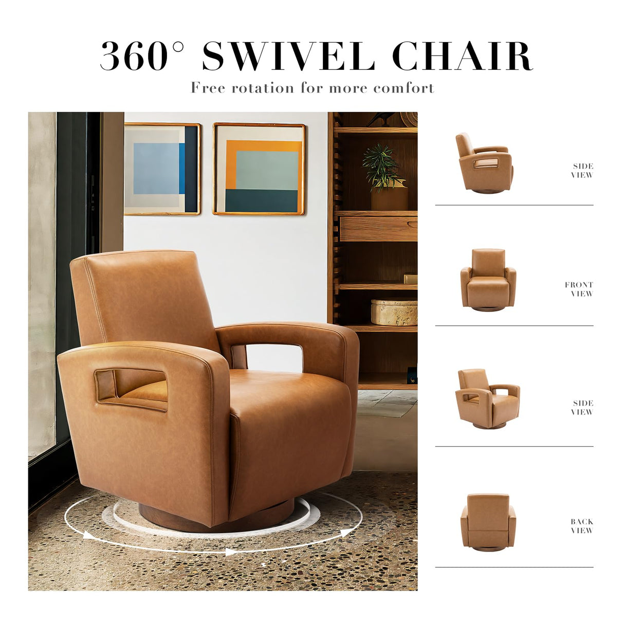 COLAMY Swivel Accent Chair Set of 2, Faux Leather Armchair with Solid Wood Base, Square Back and Soft Cushions for Living Room, Bedroom, Home Office, Small Spaces, Lightbrown COLAMY