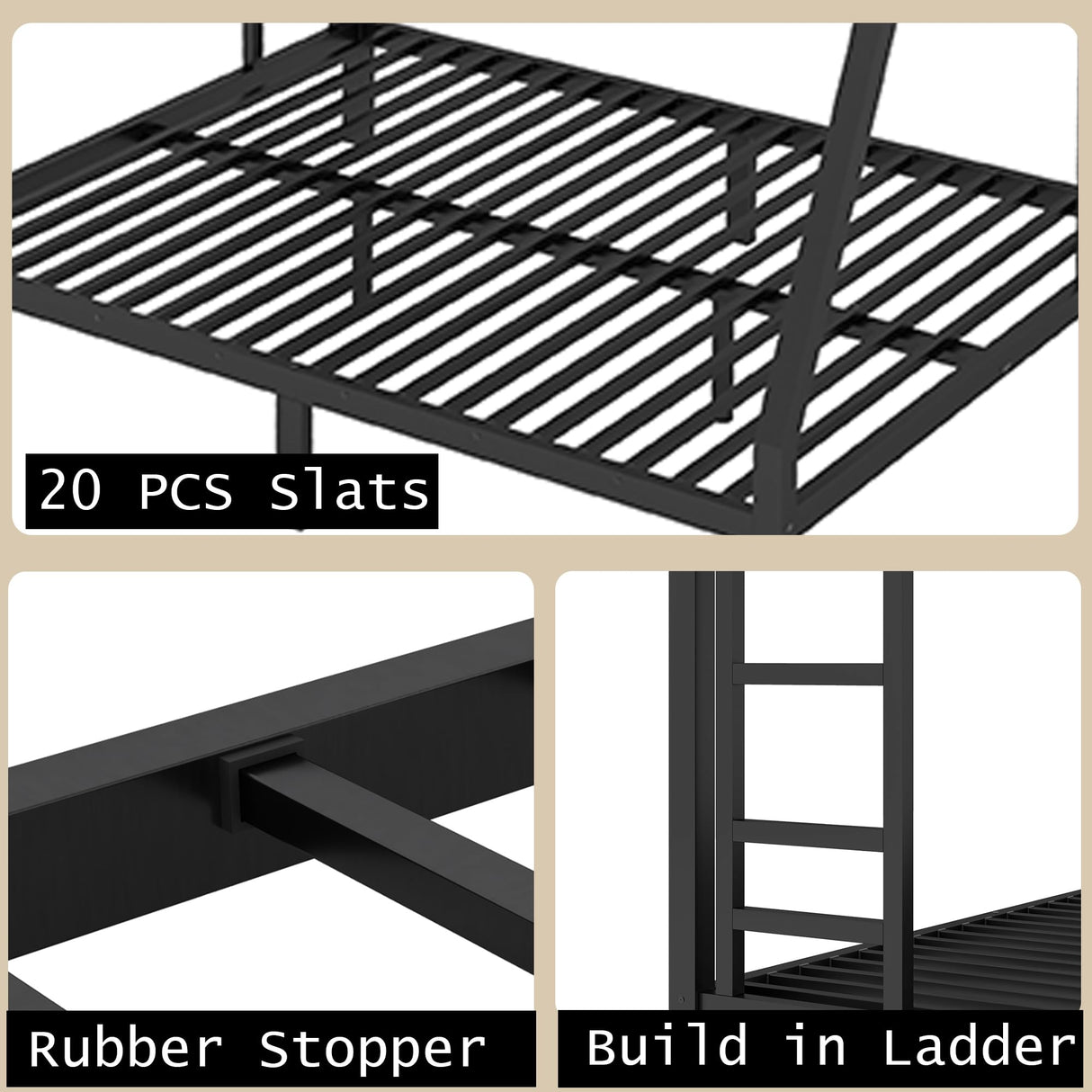 Twin Over Full Bunk Bed with 2 Ladder and Full Length Guardrail, Twin Over Full Bunk Bed for Teens, Kids, Easy Assemble Bunk Beds with Anti-Noise Plug, Black Bellemave