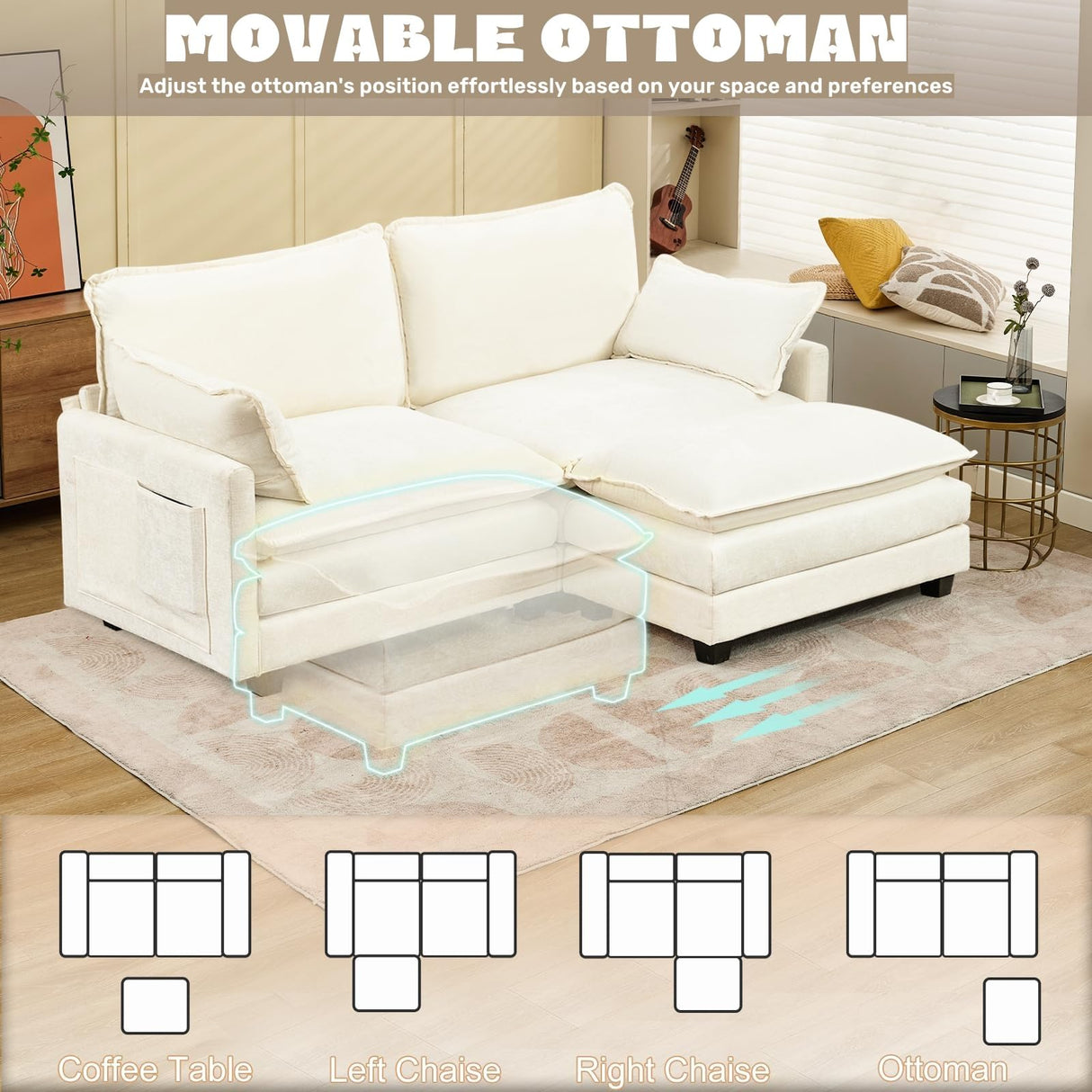 GlasFlength Sectional Couches for Living Room - L Shaped Couch Cloud Couch Comfy Sectional Couches, 77.6" 2 Seat Sofa Comfy Sectional with Ottoman/Pillows for Apartment, Bedroom, Cream White GlasFlength