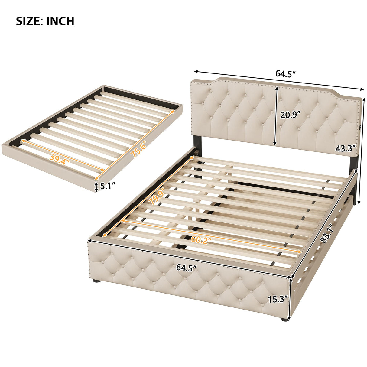 Merax Modern Upholstered Plattform Bed with Trundle and 2 USB Ports, Queen Linen Bed Frame with Wingback No Box Spring Needed Beige Merax