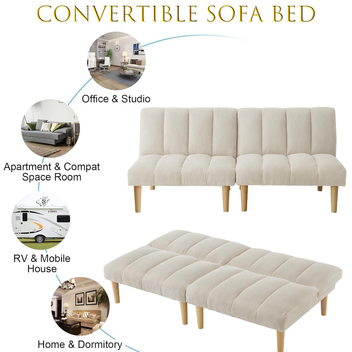 Modern Corduroy Convertible Folding Futon Couch Sofa Bed,with Adjustable Backrest Memory Foam Couch Double Loveseat Sofa for Compact Living Space,Dorm,Game Studio,Apartment,Bedroom (White) Gustonhon