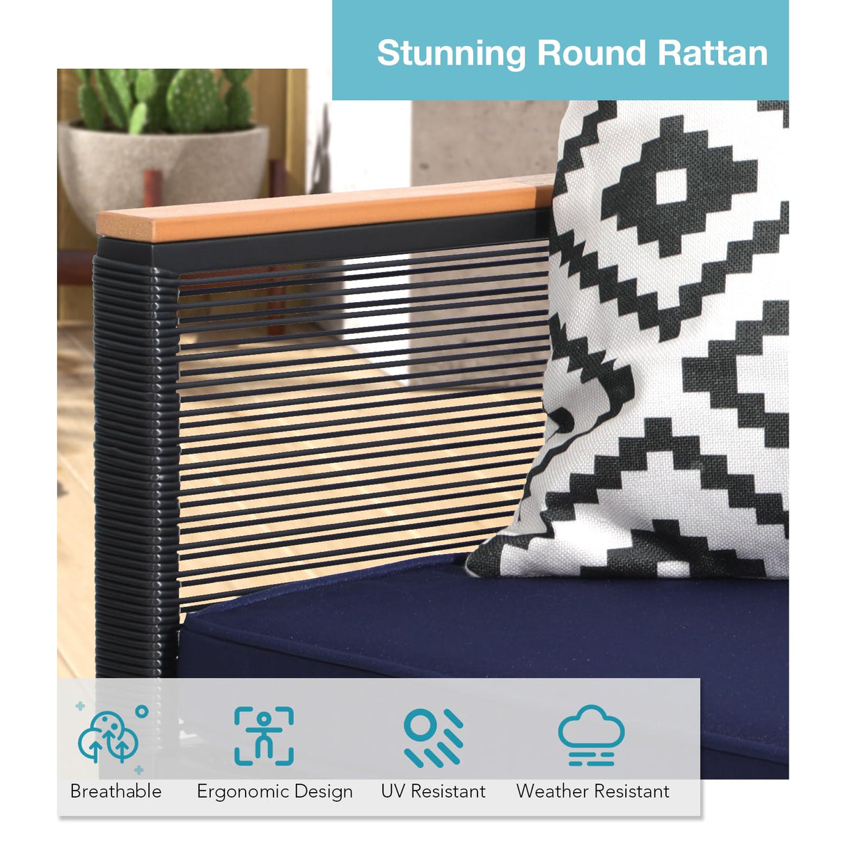 Patiorama 4 Piece Patio Furniture Set, Outdoor Wicker Bistro Set, All-Weather Black PE Rattan Conversation Set w/Coffee Table, Loveseat, Wood-Like Armrest, Cushions for Garden Balcony Deck, Navy Blue Patiorama