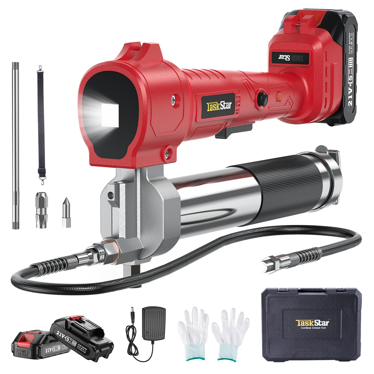 TaskStar Battery Grease Gun, Super Efficient Electric Grease Gun Kit with 2 Batteries and Charger, 39.4” Flexible Hose and Coupler, 10000 PSI Cordless Grease Gun with Super Bright LED Light, Red TaskStar