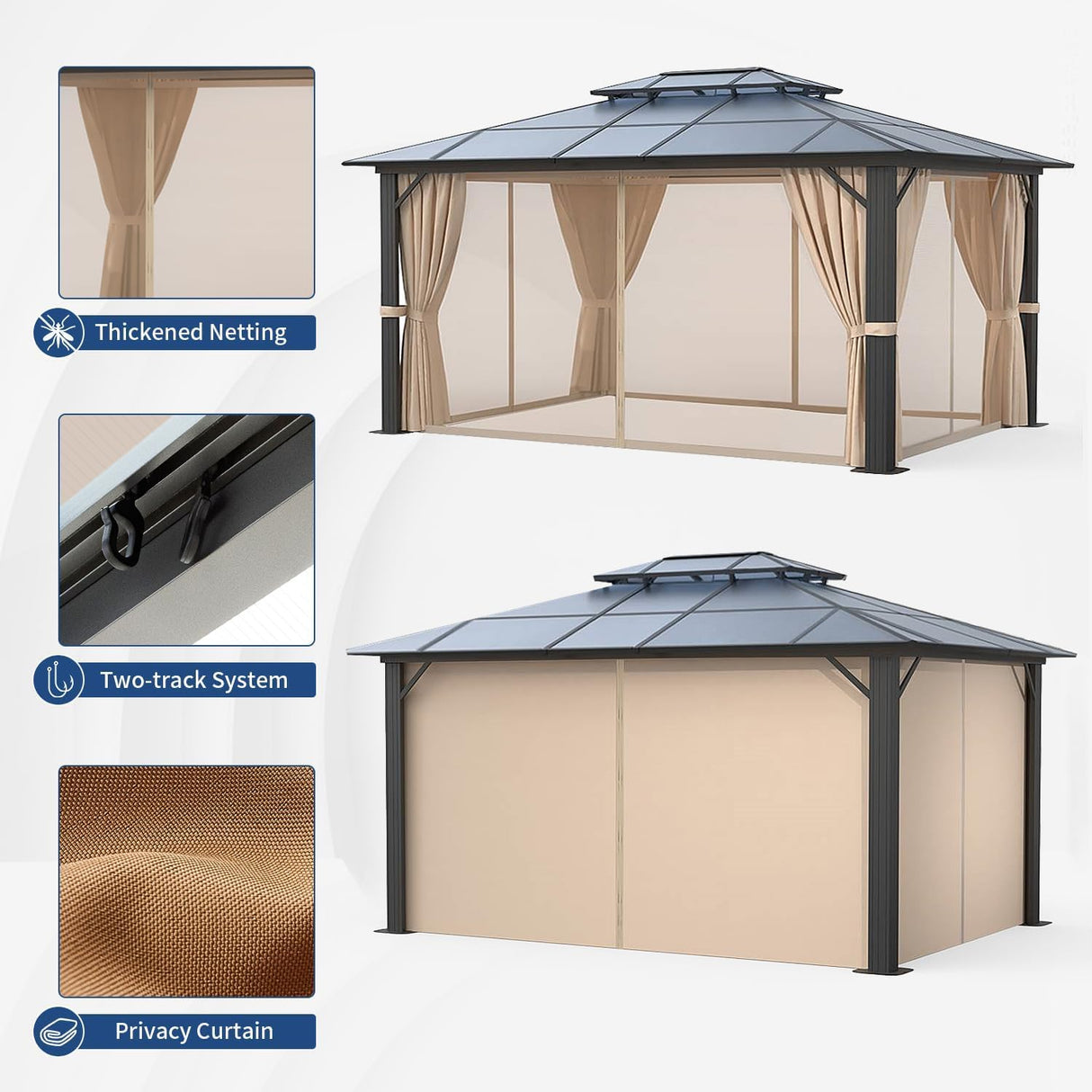 Jolydale 12'x16' Hardtop Gazebo, Outdoor Polycarbonate Double Roof Canopy, Aluminum Frame Permanent Pavilion with Curtains and Netting, Sunshade for Garden, Patio, Lawns Jolydale