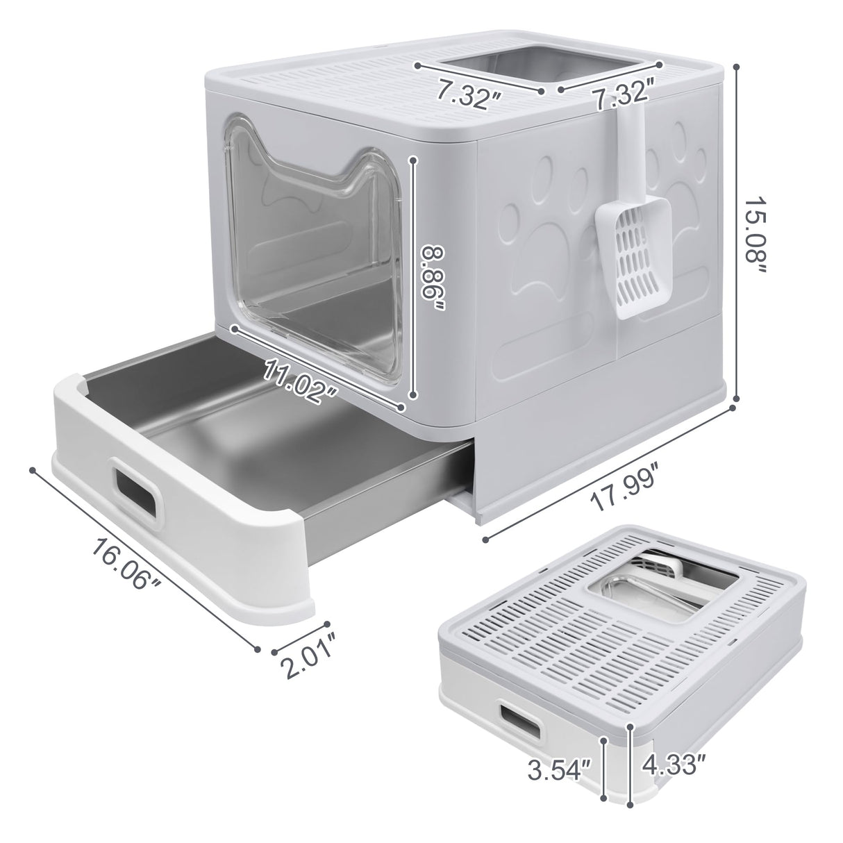 Modign Stainless Steel Litter Box with Lid,Large Foldable Litter Box with Lid,Covered Top Entry Litter Boxs,Enclosed Cat Litter Boxs with Litter Scoop for Big and Small Cats(Gray) Modign