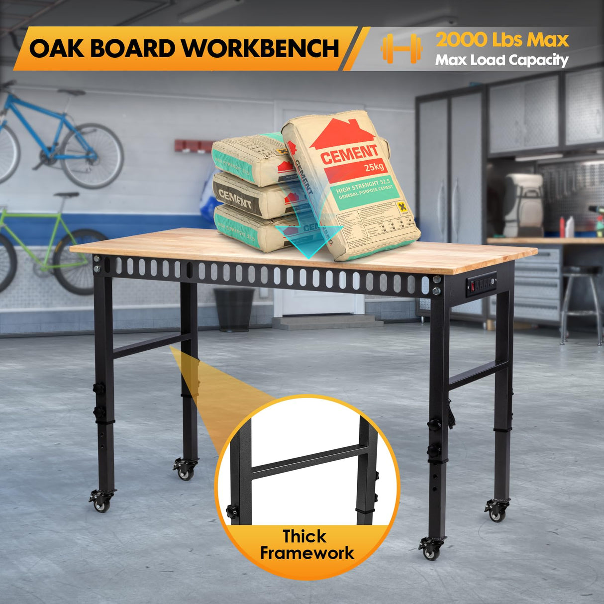 GVGBUK 48" Height Adjustable Workbench, 2000 LBS Load Capacity Rubber Wood Top Workstation, Heavy-Duty Hardwood Worktable for Garage Workshop (with Wheels and socket,48'') GVGBUK