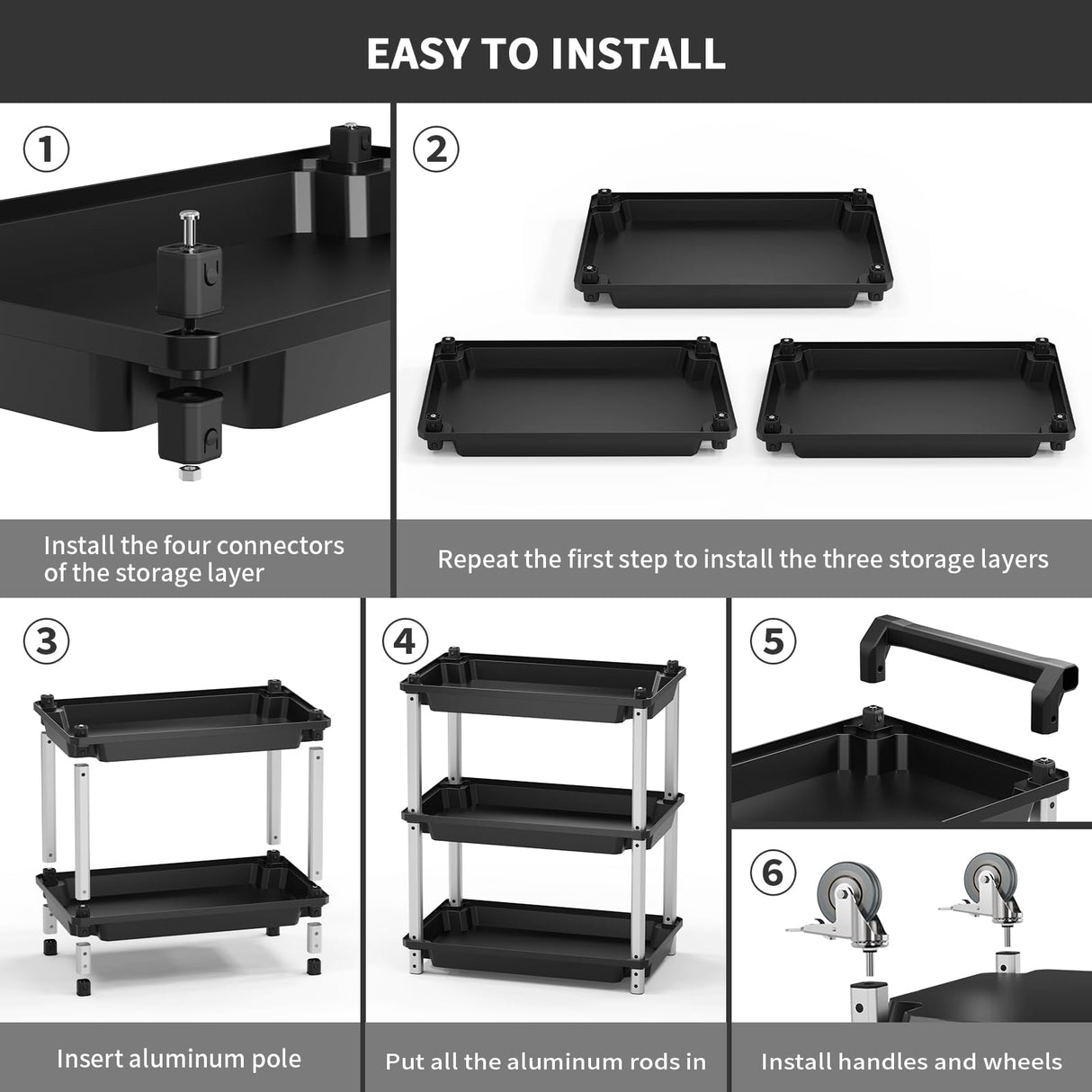 3-Tier Rolling Utility Cart with Wheels, Portable Garage Tool Cart for Warehouse Office Home, Food Utility Service Cart for Restaurant, Kitchen, Office, Plastic Push Cart, 25.6" x 14.6" x 34.3" ONCUPID