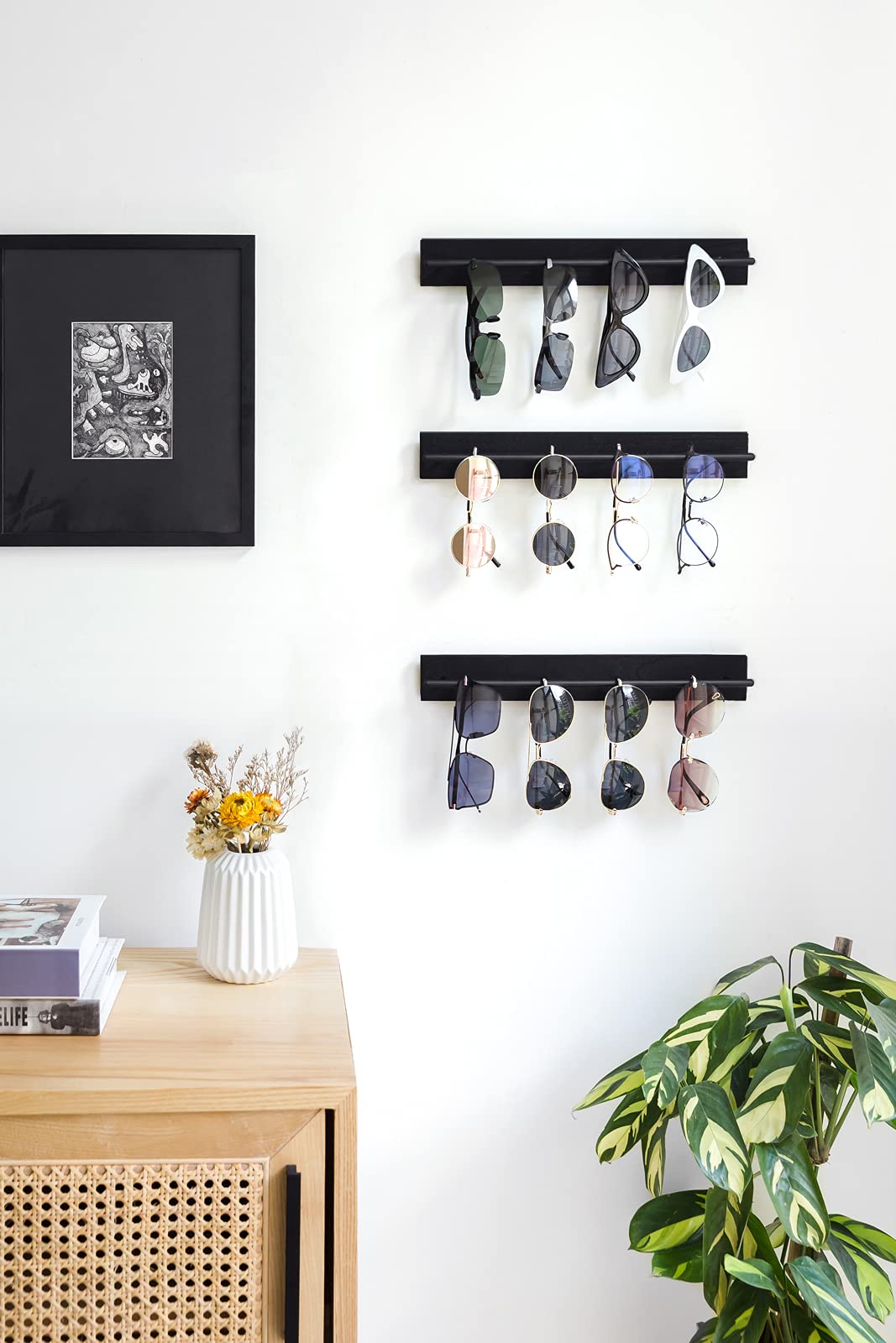 Mkono Wood Sunglasses Storage Organizer Wall Mounted Eyeglasses Holder Eyewear Display Rack Rustic Home Decor, Set of 3, Black Mkono