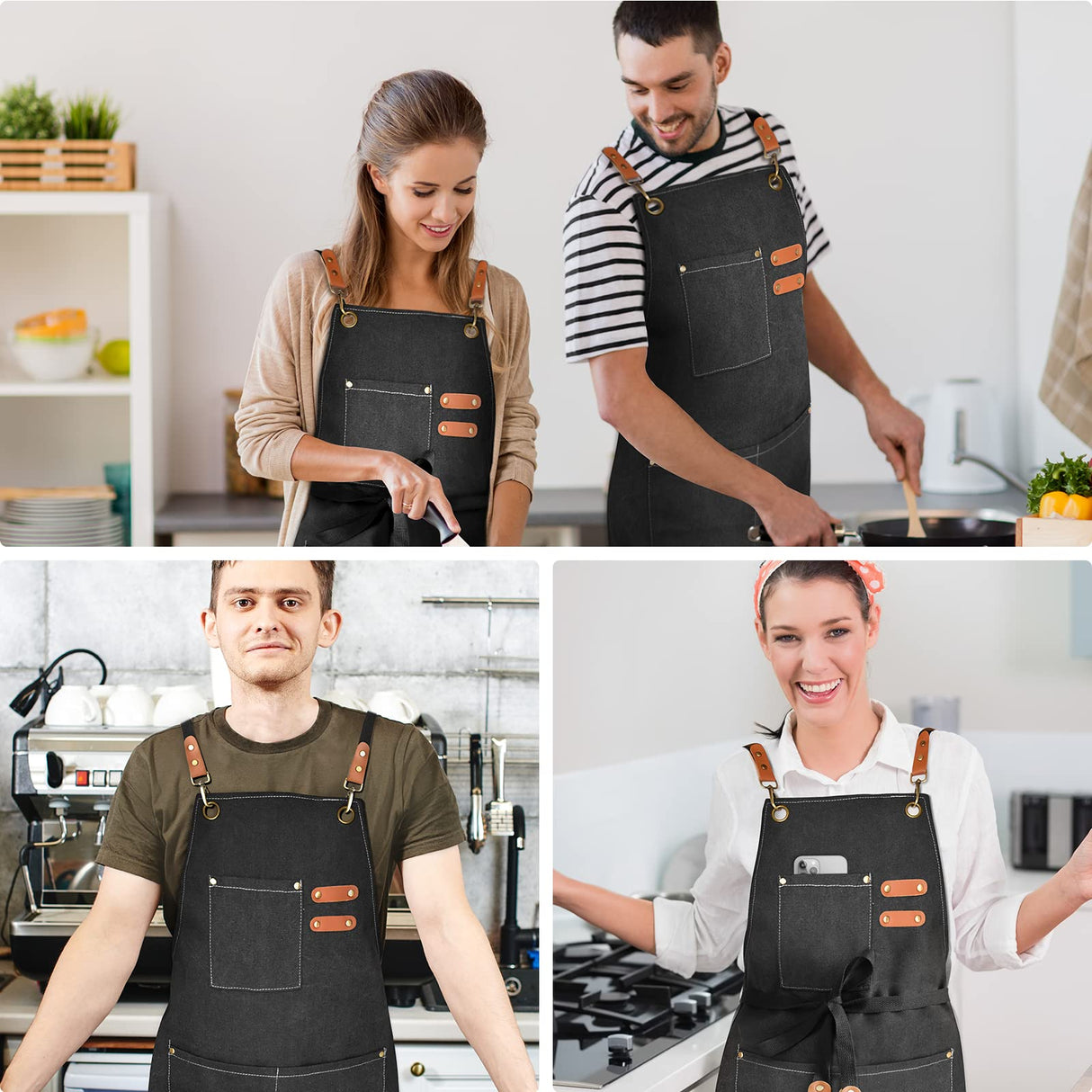 OUNLEN Chef Apron for Men Women Canvas Aprons with 3 Pockets Cross Back Resistant Work Apron for Cooking Grilling Baking BBQ Barber Kitchen (Black) OUNLEN