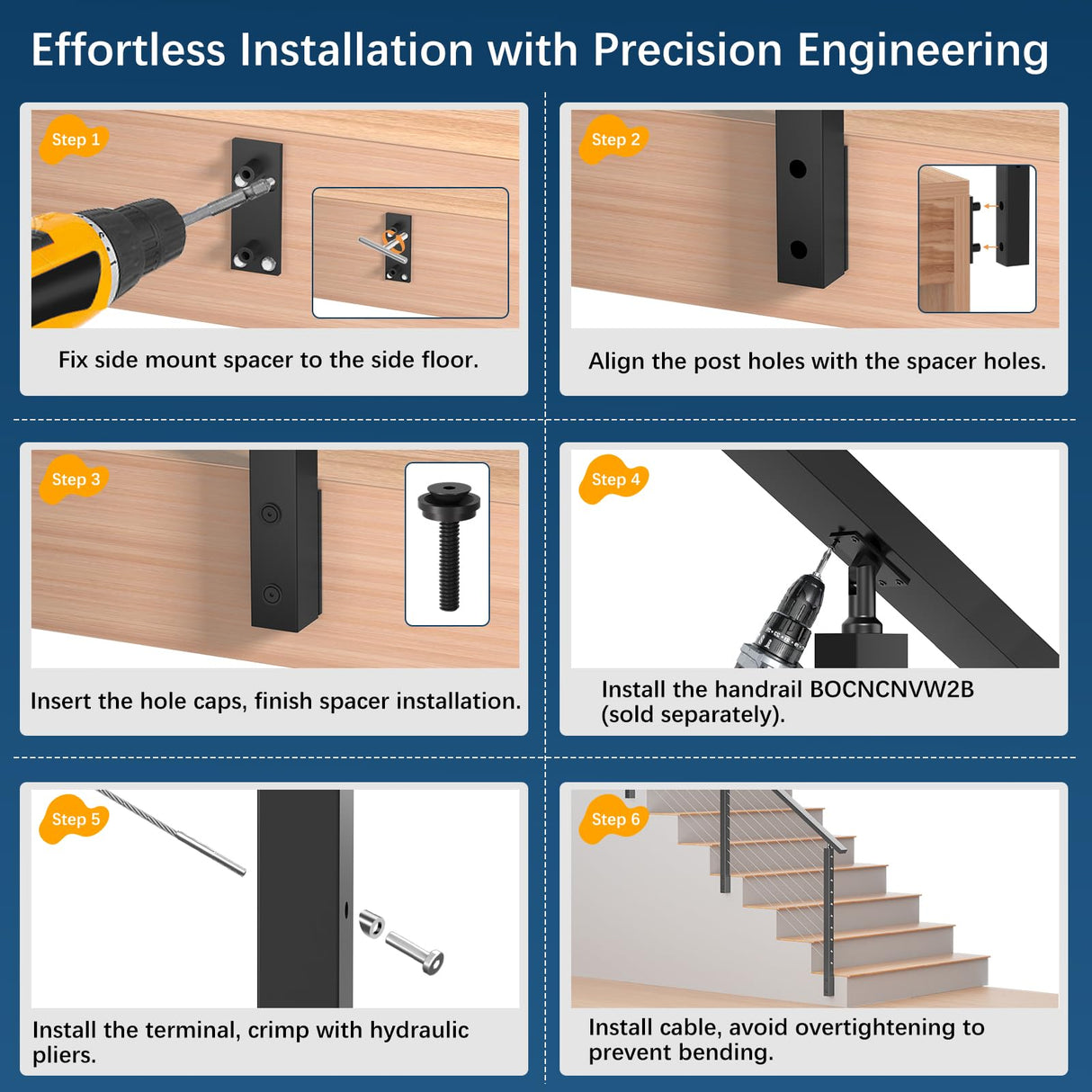 Gyykzz 2 Pack Complete Set Side Mount Stair Cable Railing Post Kits 36", Space-Saving Fascia Mount Stair Railing System Includes 2 Pack Side Mount Posts, 85FT Cable, 20 Cable Tensioners (No Handrail) Gyykzz