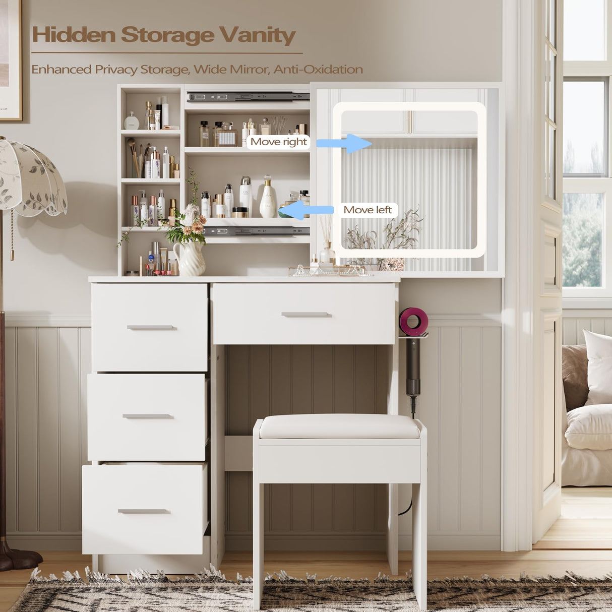 Vanity Desk Set with LED Lighted Mirror & Power Outlet, Makeup Vanity with Chair & 4 Drawers, Vanity Table with Sliding Mirror, Vanity Set 3 Lighting Modes Brightness Adjustable Duoku