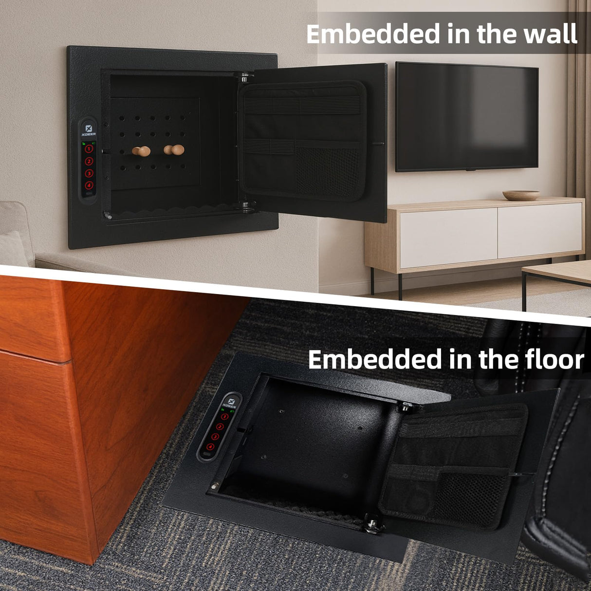 XDeer Hidden In Wall Safes Between Studs with Removable Pegboard,0.405 cuft Hidden Security Floor Safe with Key Lock for Handgun, Jewelry, Passport XDeer