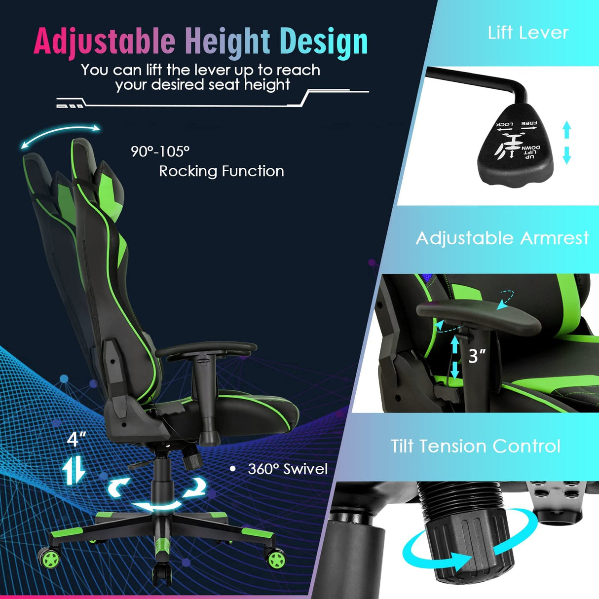 Giantex Gaming Chair with RGB LED Lights, Ergonomic Video Game Chair, High Back PVC Leather E-Sport Computer Chair Adjustable w/Headrest & Lumbar Support (Green) Giantex