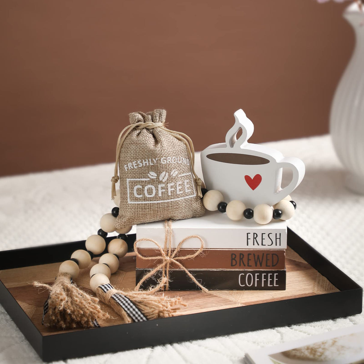 6 PCS Coffee Bar Decor Mini Coffee Bar Accessories Coffee Bar Sign Coffee Tiered Tray Decor Coffee Wooden Book Stacks Rustic Farmhouse Coffee Table Sign WODOHOLO
