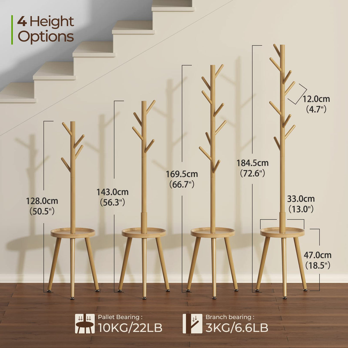 GREENSTELL Coat Rack with 8 Hooks, Wooden Coat Rack Freestanding with Shelf, Coat Tree with 4 Height Options 50.5"-72.6", Coat Hanger Stand for Bags, Clothes, Umbrellas, Hats, in Home, Natural GREENSTELL