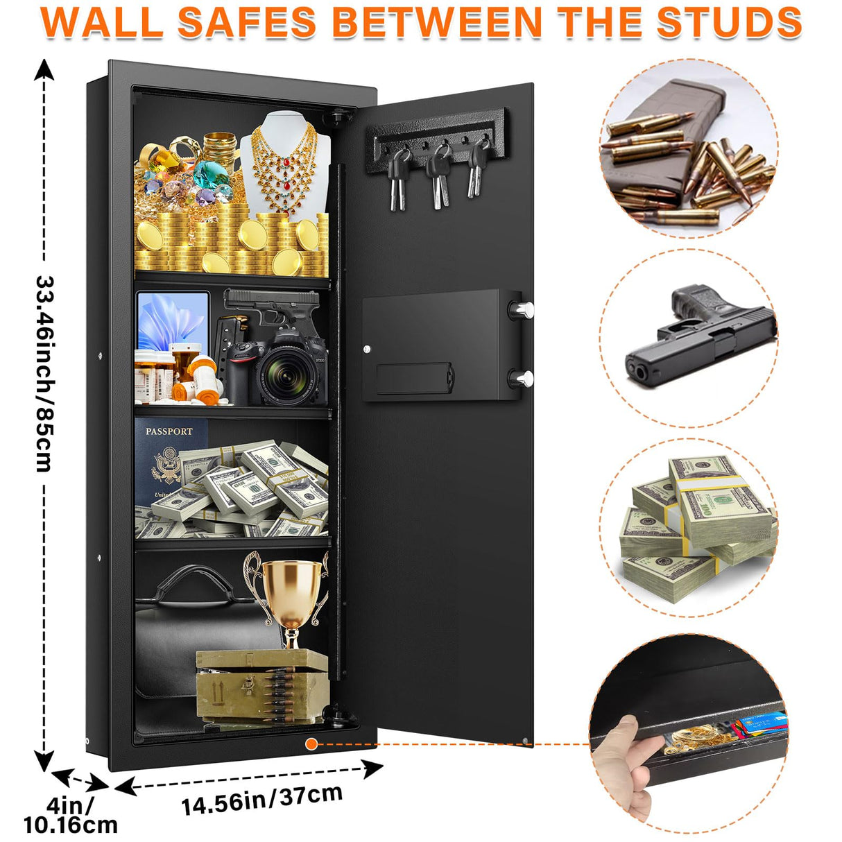 33.46" Tall Fireproof Wall Safes Between the Studs 16" Centers, Heavy Duty Combination Lock in Wall Safe with 3 Removable Shelf, Hidden Safe for Money, Jewelry, Document, Passport Tiskgg
