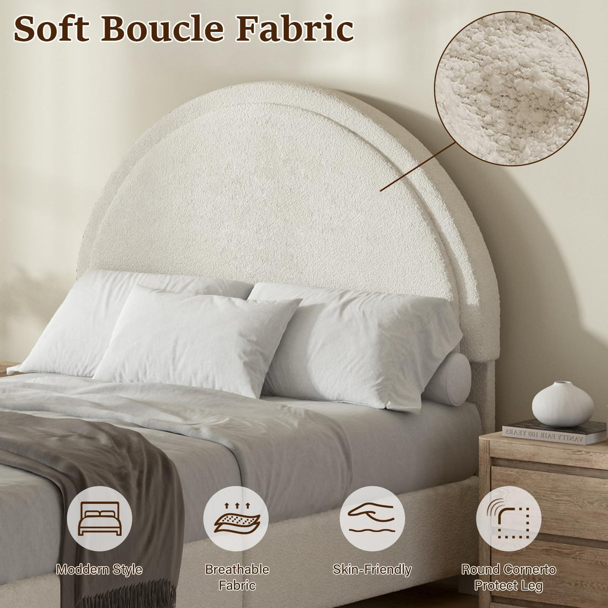 REVOMINCA Twin Size Bed Frame, Boucle Upholstered Platform Bed with Headboard, Cloud Bed Frame with Soft Rounded Corners, No Box Spring Required, Easy Assembly, Beige REVOMINCA