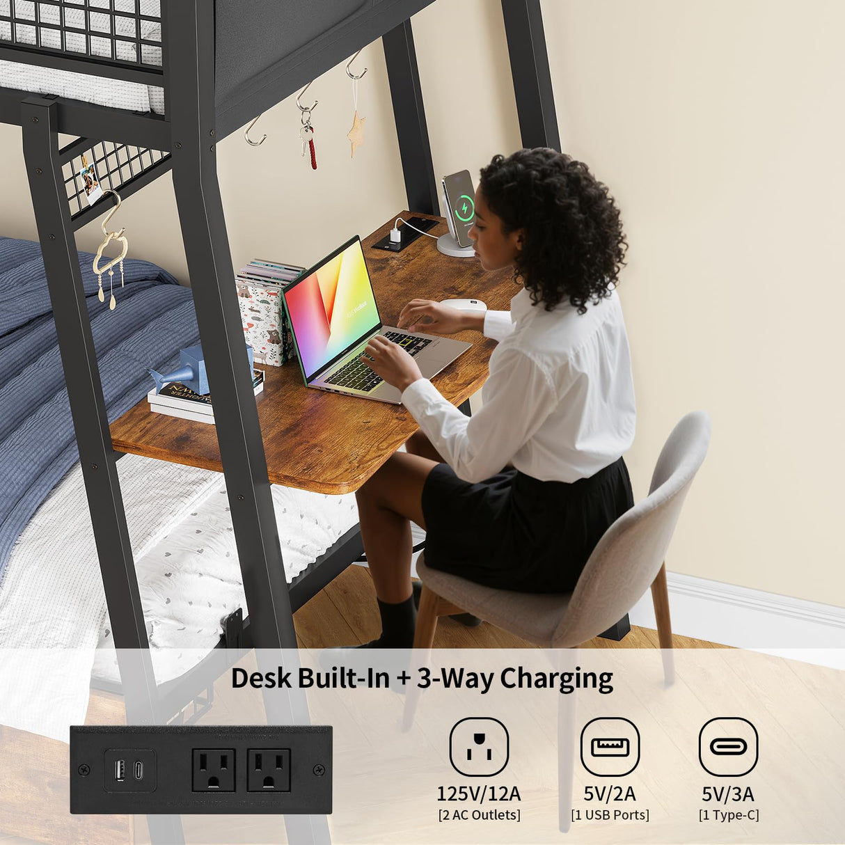 HAUOMS Bunk Bed with Desk, Twin Over Twin Metal Bunk Beds with Power Outlets, RGB LED Lights, 2 Larger Storage Drawers, Bed with Safety Guardrail & Ladders, No Box Spring Needed, Rustic Brown HAUOMS