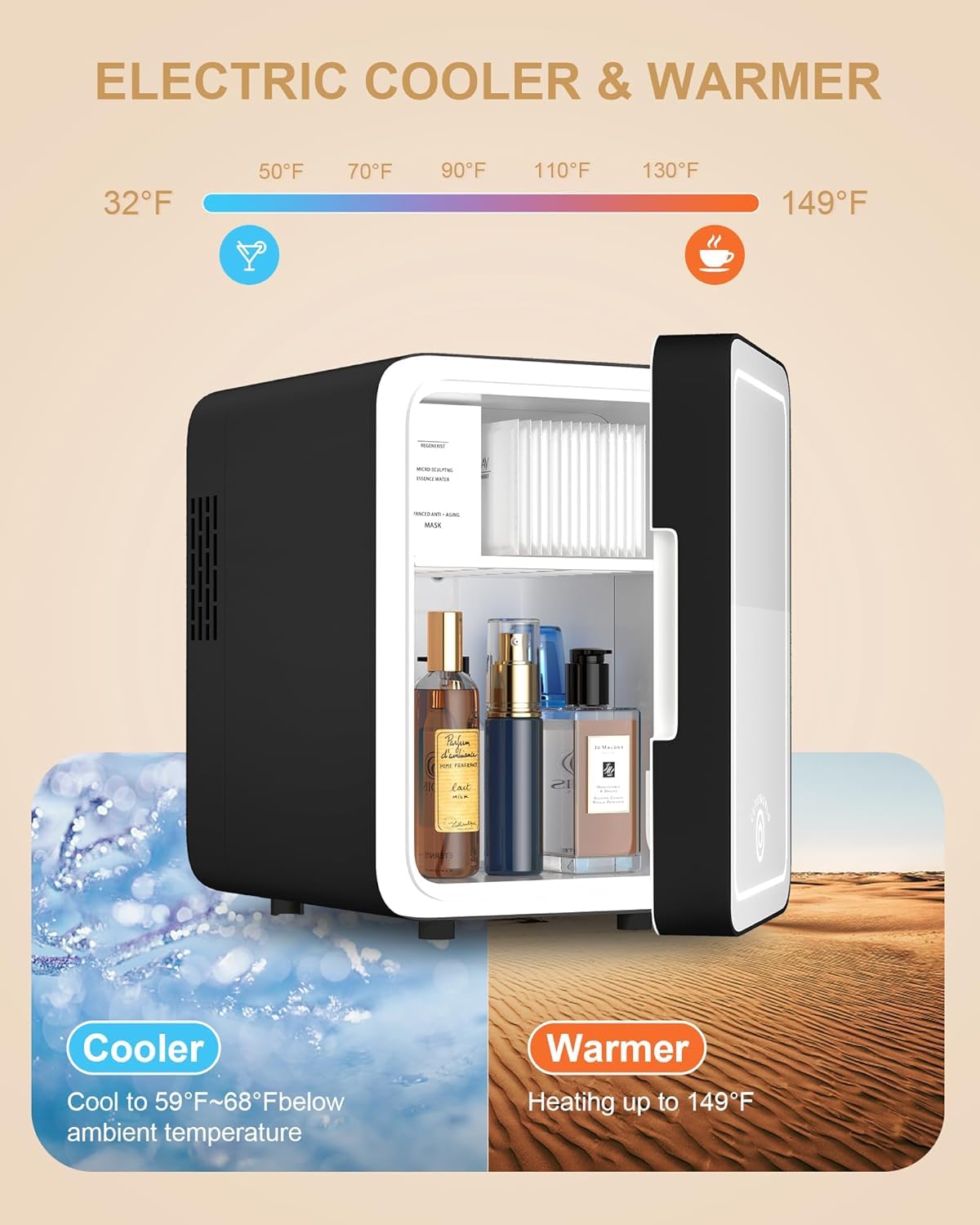 CUTIEWORLD Makeup Fridge With Dimmable LED Light Mirror, 4L Mini Fridge for Bedroom, Car, Office & Dorm, Cooler & Warmer, Portable Small Refrigerator for Cosmetics, Skin Care and Food, Black CUTIEWORLD