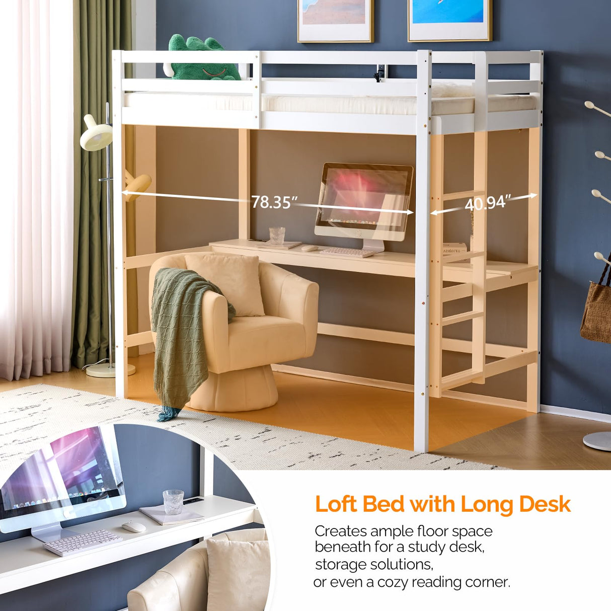 VINGLI Junior Loft Bed with Desk, Wood Loft Bed Twin Size with RGB LED for Adults, 2 Charging Station on High Guardrail and Desk,Wood Slat Support, White VINGLI