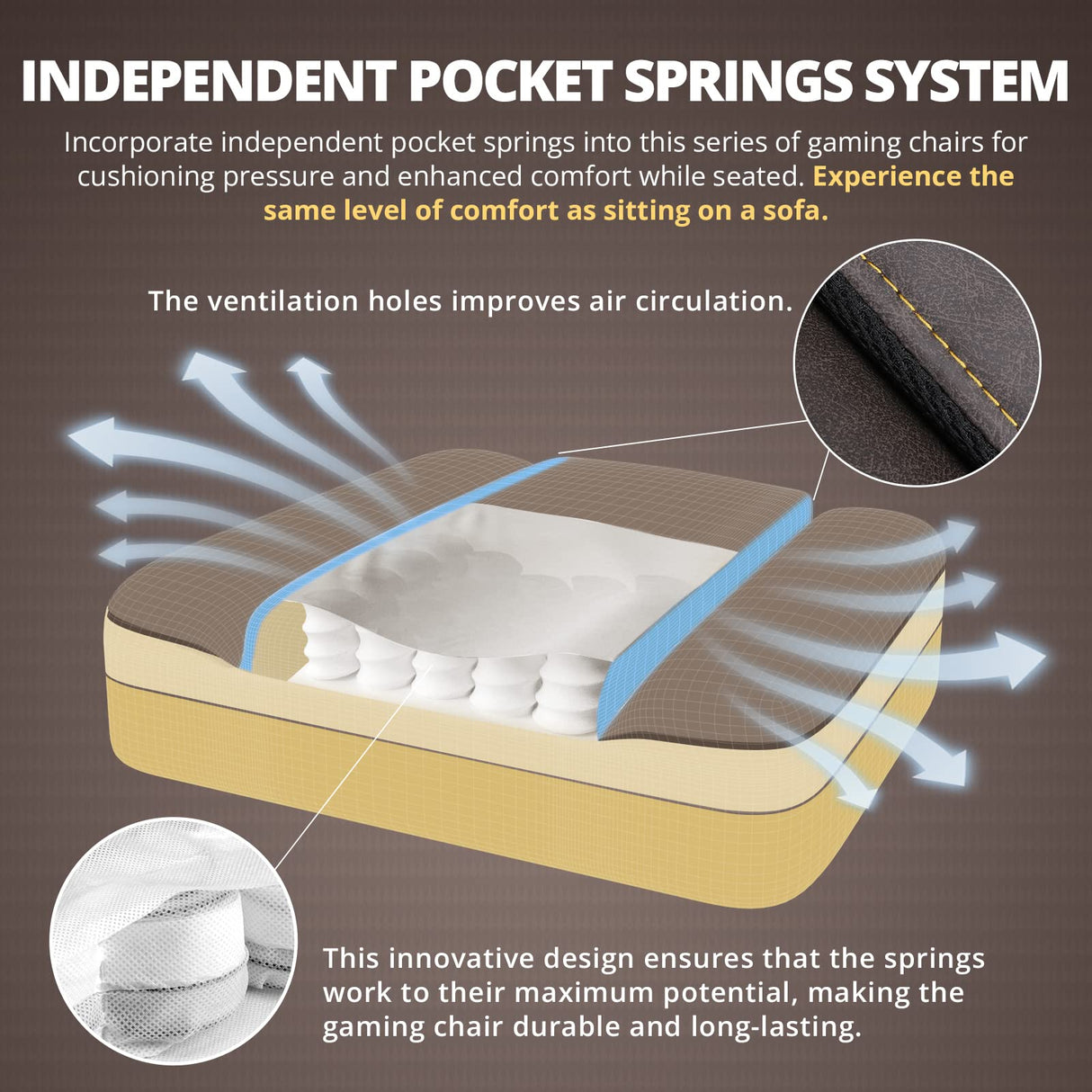 Dowinx Gaming Chair Breathable PU Leather Gamer Chair with Pocket Spring Cushion, Ergonomic Computer Chair with Massage Lumbar Support,Adjustable Swivel Task Chair with Footrest(Brown) Dowinx