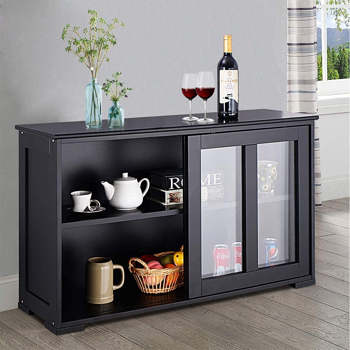 FANTASK Kitchen Storage Cabinet Sideboard, Stackable Buffet w/Height-Adjustable Shelf & 2 Glass Sliding Doors, Accent Console Table for Kitchen Dining Living Room Hallway Office (Black) FANTASK