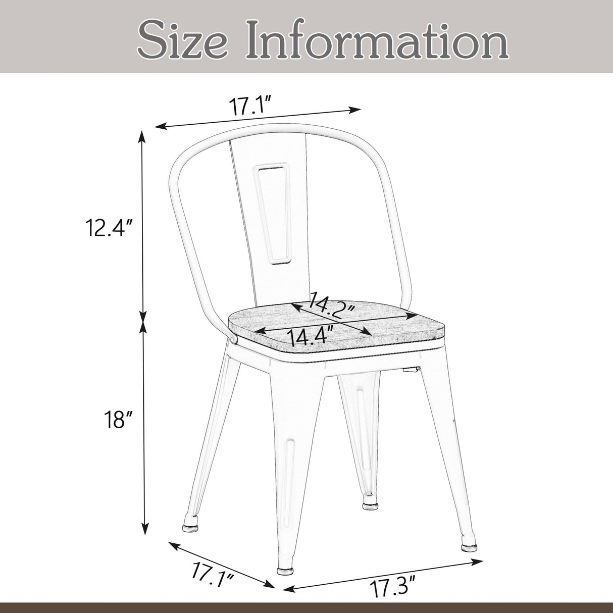 Alunaune 18inch Metal Dining Chair Set of 4 High Back Classic Chic Iron Farmhouse Chairs Industrial Stackable Coffee Stools Bistro Cafe Side Barstools Wood Seat-White Alunaune