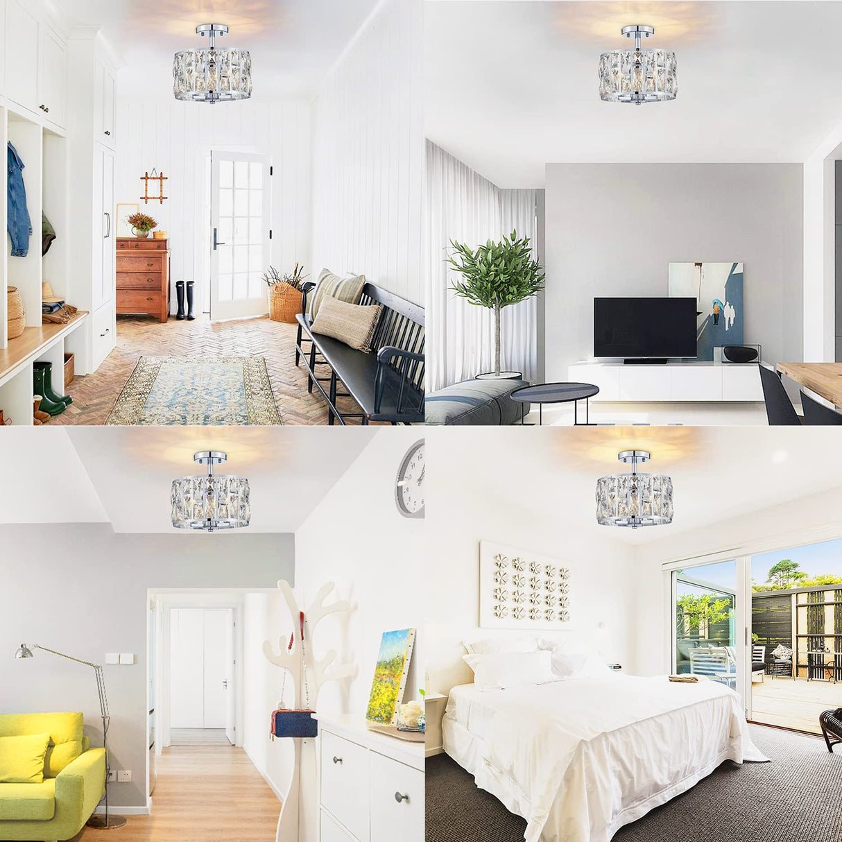 MEXO Farmhouse Crystal Round Semi Flush Mount Modern Close to Ceiling Light Fixture, Cylinder Drum Shade Ceiling Lights 3LT Ceiling Lamp for Kitchen Island Dinning Room Bedroom MEXO