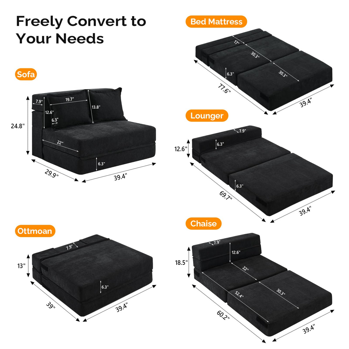 VINGLI Futon Sofa Bed Black Sleeper Sofa Chair Bed Floor Sofa Twin Small Couch Folding Mattress Couches for Living Room Floor Chair Freestanding RV Futon Couch for Indoor and Outdoor VINGLI