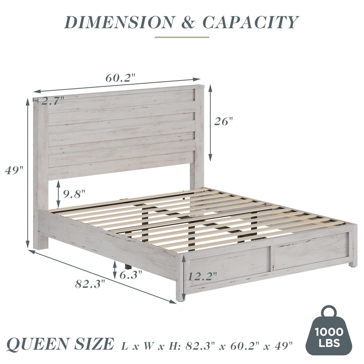 Albott Farmhouse Queen Size Bed Frame with 49" Slatted Headboard, Platform Bed with Wood Slat Support/No Box Spring Needed/Easy Assembly, Distressed White Albott