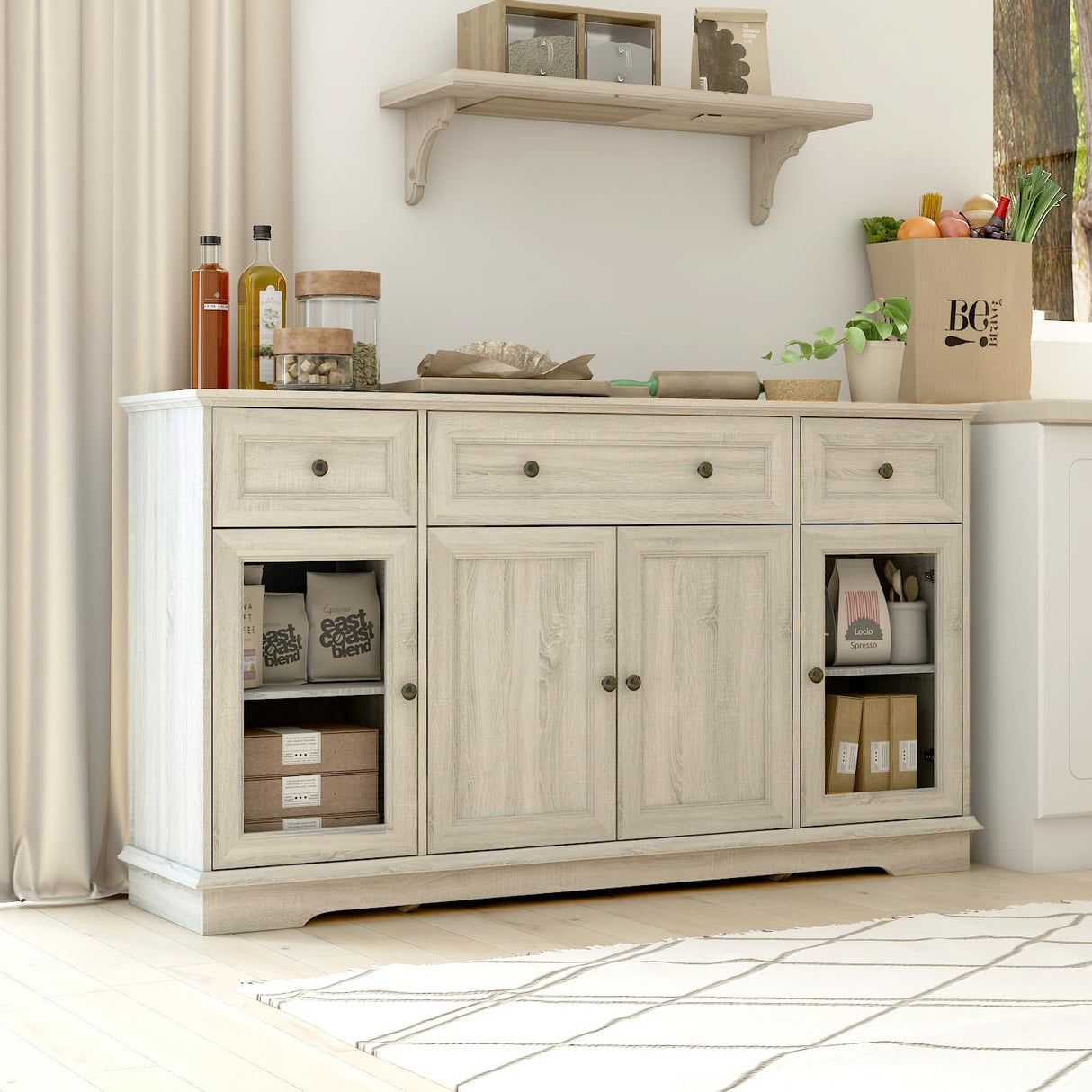 ECACAD Retro Credenza Buffet Sideboard Storage Cabinet with Glass Doors, Drawers & Shelves, Kitchen Wood Cupboard Console Cabinet for Living Room, Grey (63”L x 15.7”W x 35.4”H) ECACAD