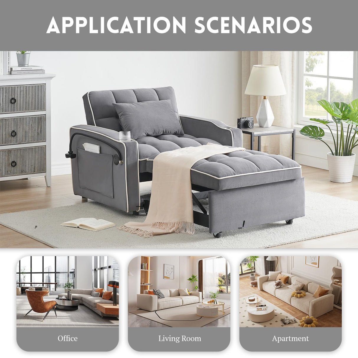 3 in 1 Sleeper Sofa Chair Bed,Velvet Convertible Sleeper Chair Bed,Pull Out Bed Chair With USB Port & Ashtray and Swivel Phone Stand & Storage Pockets,Modern Chair Sleeper Bed for Living Room jurmiture
