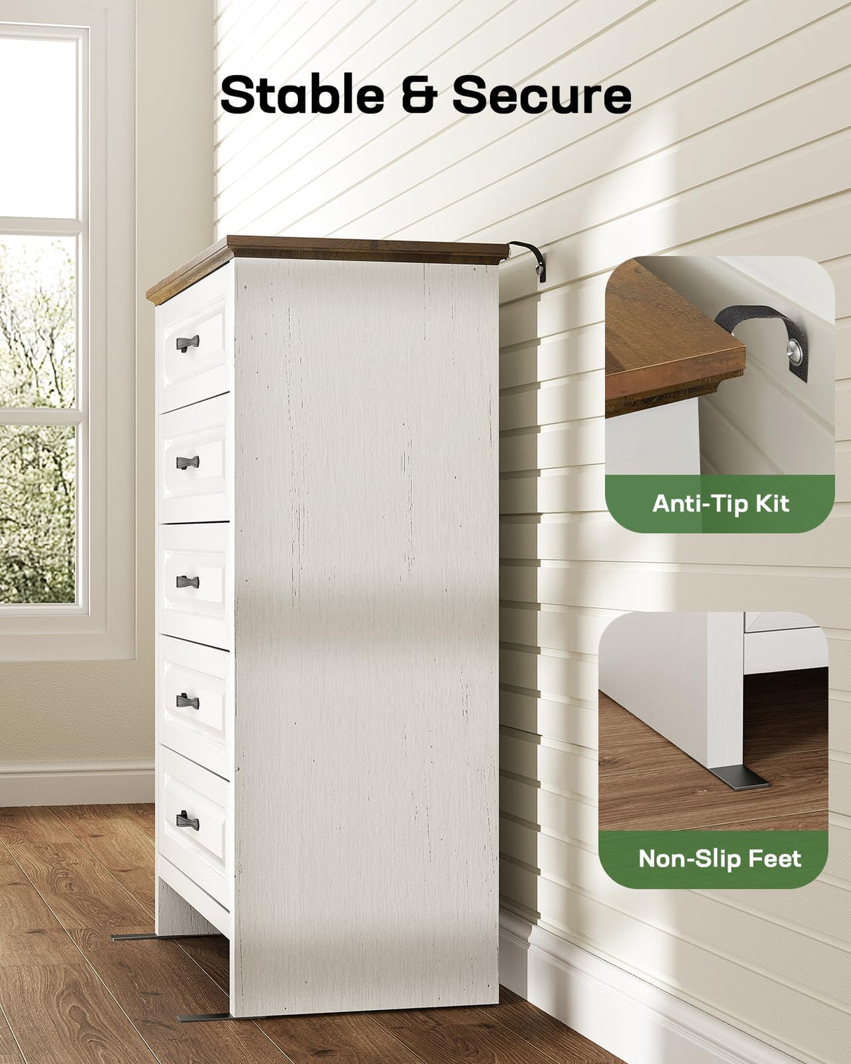 Marsail 5 Drawer Dresser for Bedroom, Farmhouse Wood Wide Chest of Drawers, Storage Dressers Organizer with Anti-Slip Kit for Living Room, Bedroom & Hallway Marsail