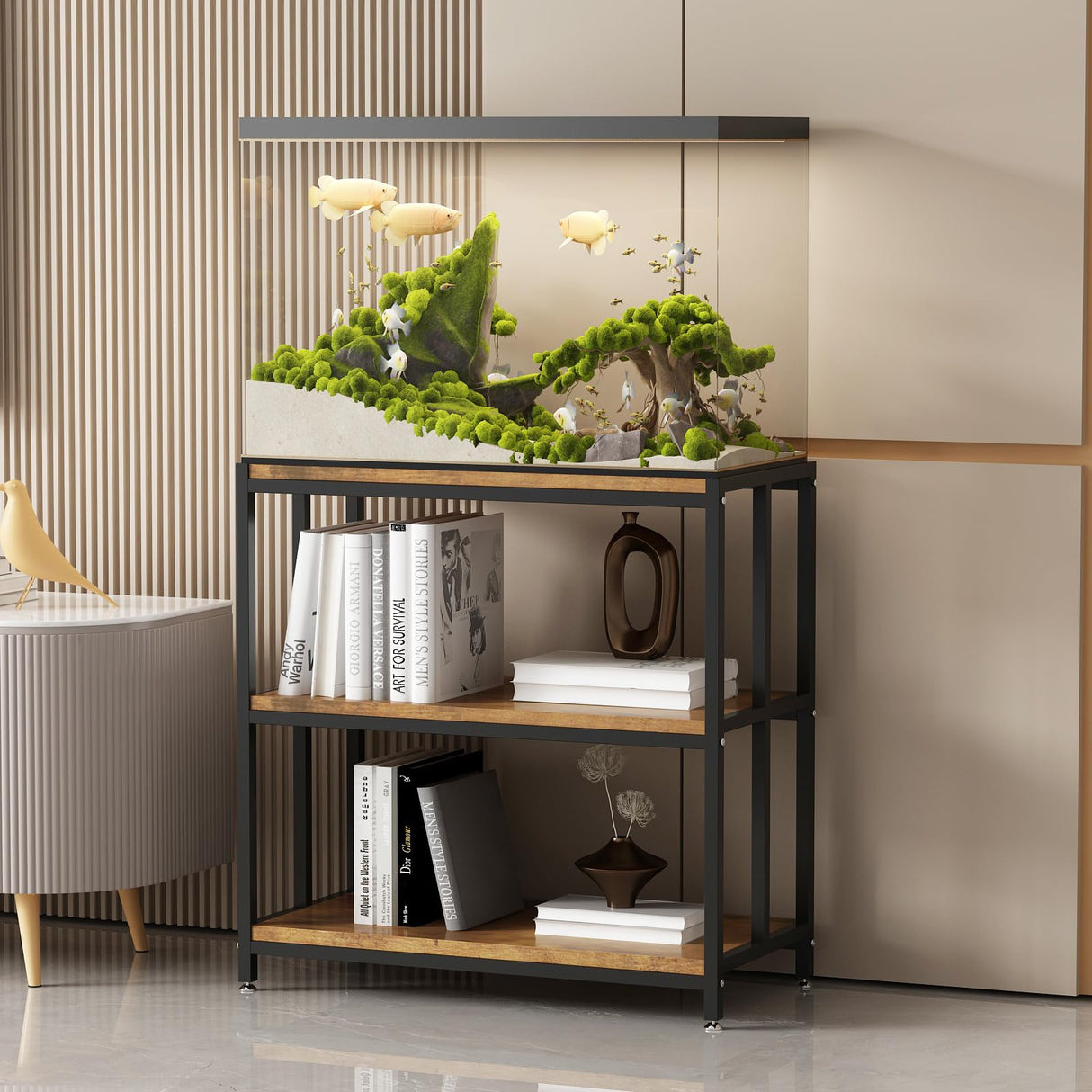 WOULHOMY Fish Tank Stand for 20 Gallon Aquarium, Metal Aquarium Stand with 3-Tier Shelves, Breeder Reptile Tank Stand for Home Office 26.96” x 15.74” x 33.26” (Black) WOULHOMY